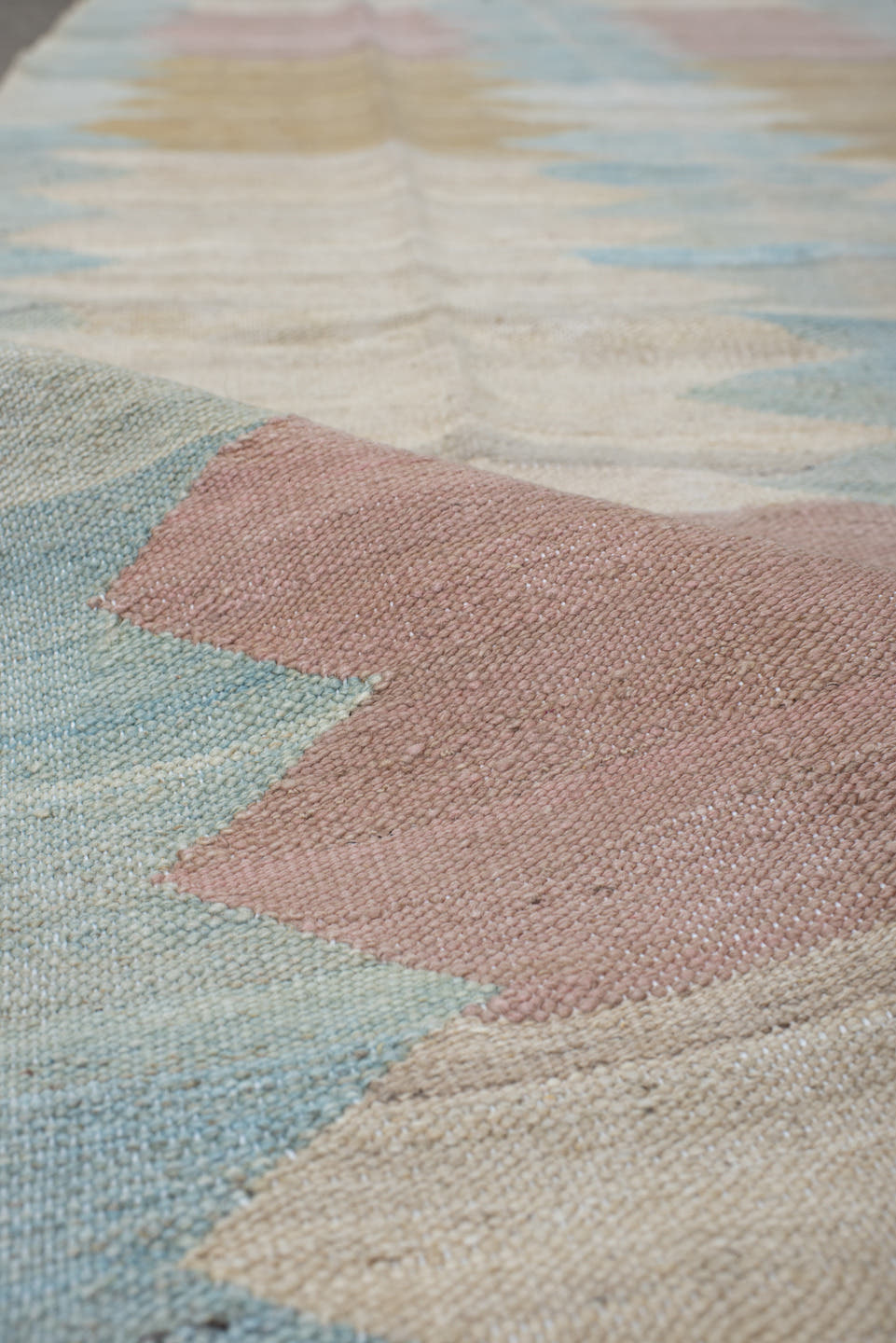 3' x 9' one-of-a-kind handmade vintage Kilim runner rug. Color palette: ivory, pale blue, blush, gold, cream, light blue