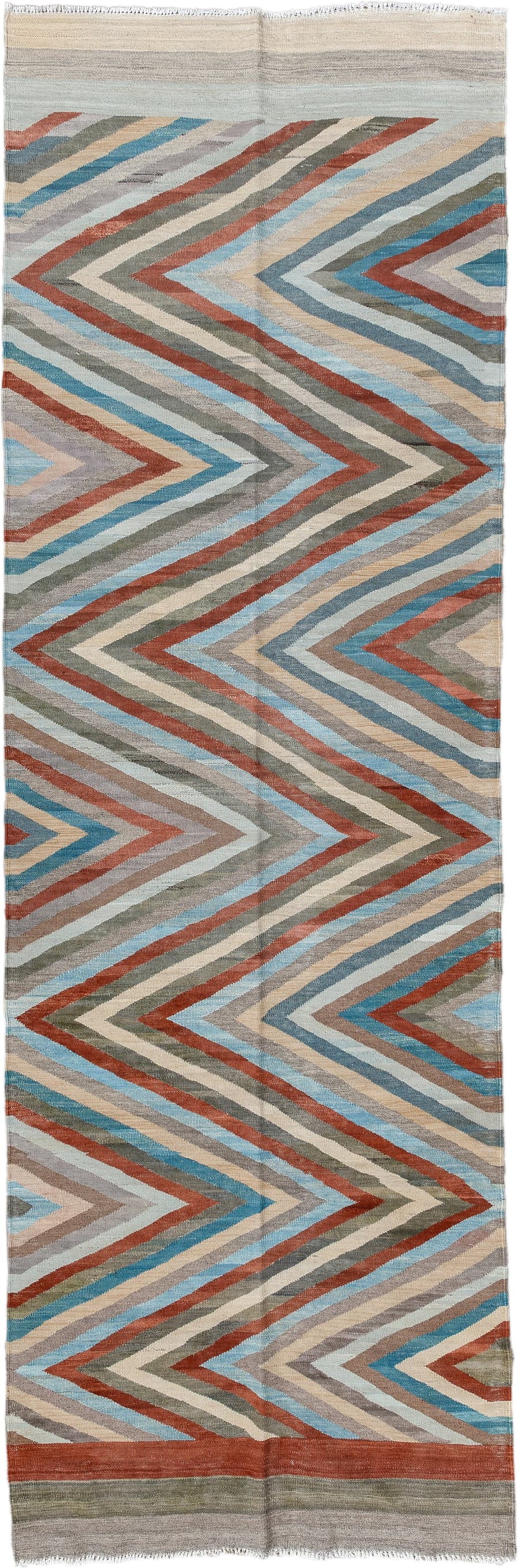 3' x 9' one-of-a-kind handmade vintage Kilim runner rug. Color palette: gray, rust, sky_blue, ivory, taupe, sage, sand