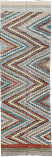 3' x 9' one-of-a-kind handmade vintage Kilim runner rug. Color palette: gray, rust, sky_blue, ivory, taupe, sage, sand