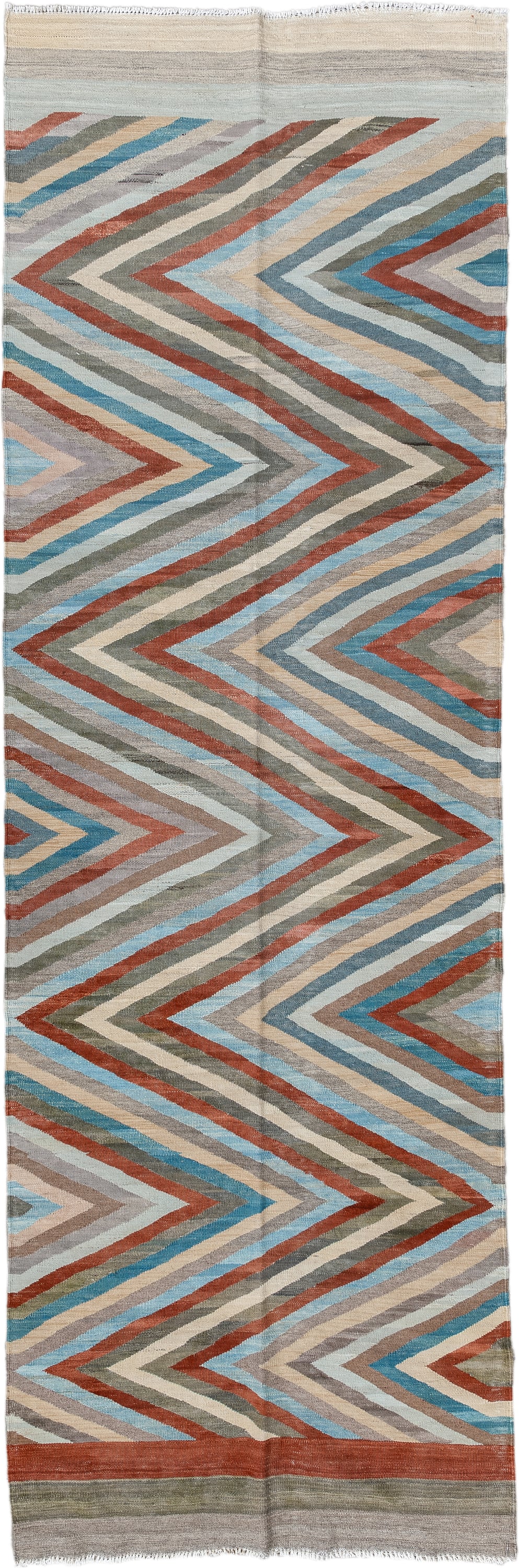 3' x 9' one-of-a-kind handmade vintage Kilim runner rug. Color palette: gray, rust, sky_blue, ivory, taupe, sage, sand