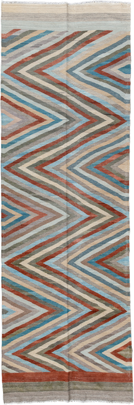 3' x 9' one-of-a-kind handmade vintage Kilim runner rug. Color palette: gray, rust, sky_blue, ivory, taupe, sage, sand