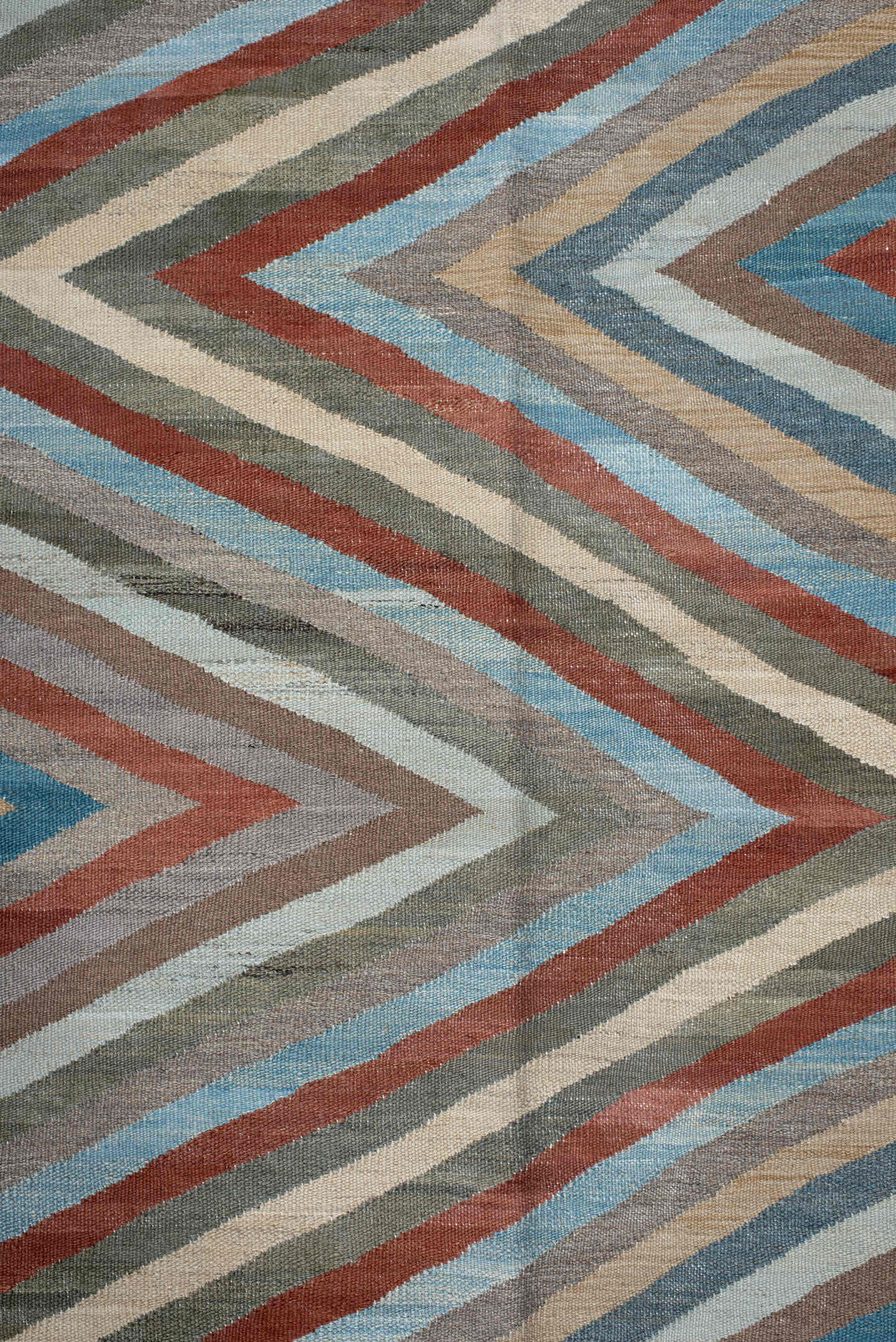 3' x 9' one-of-a-kind handmade vintage Kilim runner rug. Color palette: gray, rust, sky_blue, ivory, taupe, sage, sand