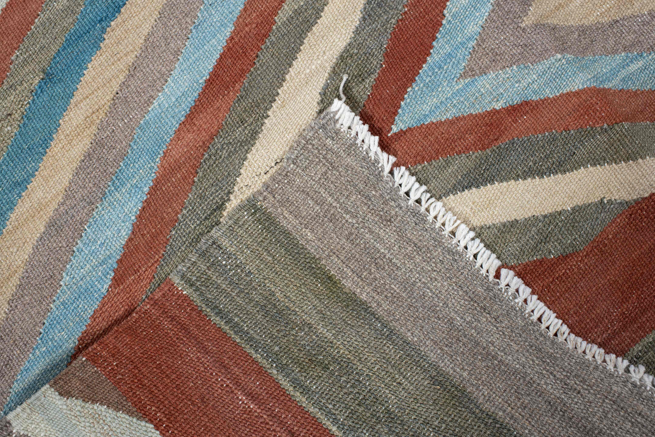 3' x 9' one-of-a-kind handmade vintage Kilim runner rug. Color palette: gray, rust, sky_blue, ivory, taupe, sage, sand
