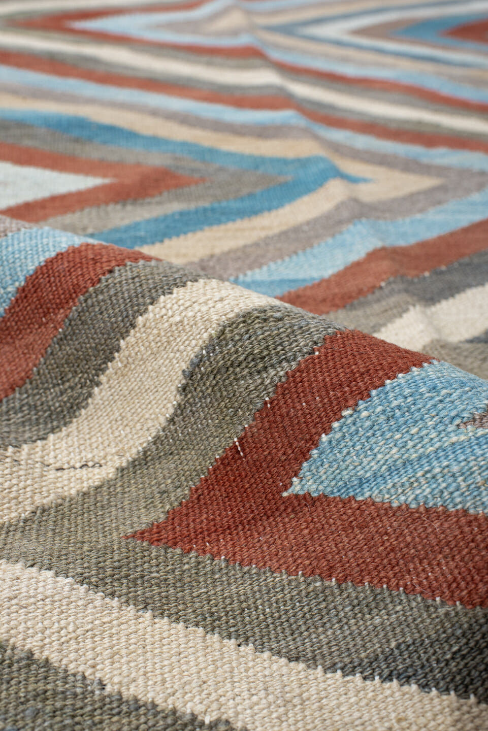 3' x 9' one-of-a-kind handmade vintage Kilim runner rug. Color palette: gray, rust, sky_blue, ivory, taupe, sage, sand