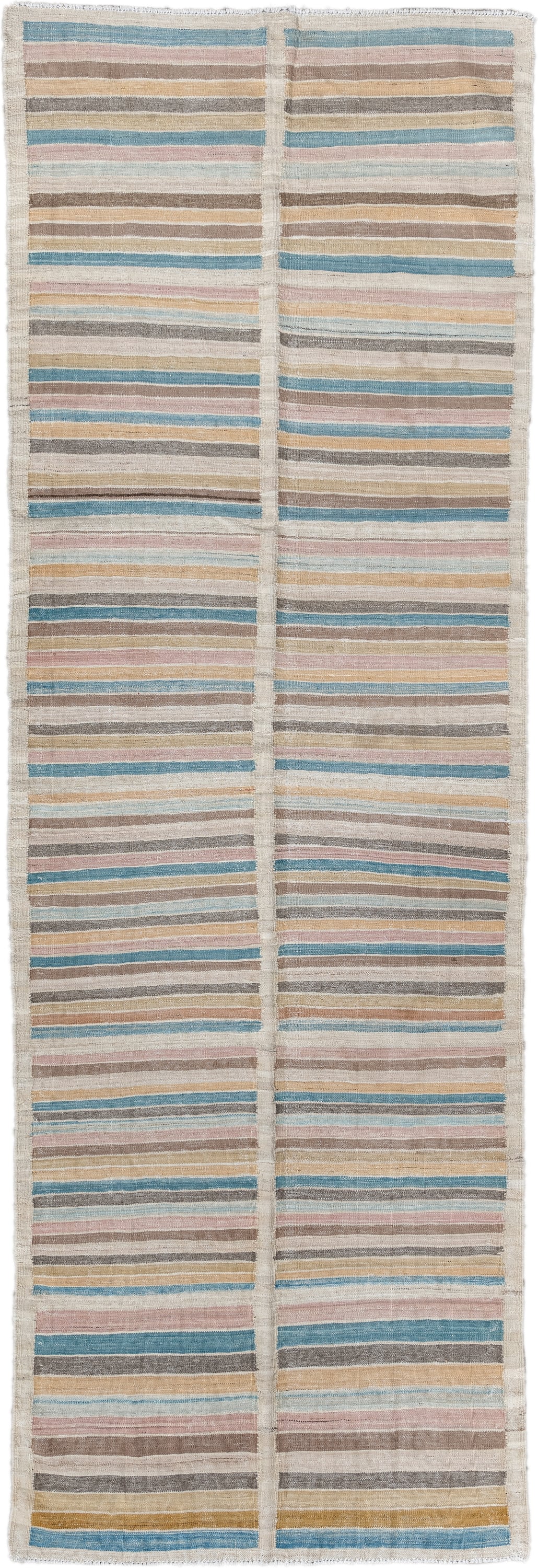 3' x 10' one-of-a-kind handmade vintage Kilim runner rug. Color palette: ivory, taupe, sky_blue, blush, gold, charcoal