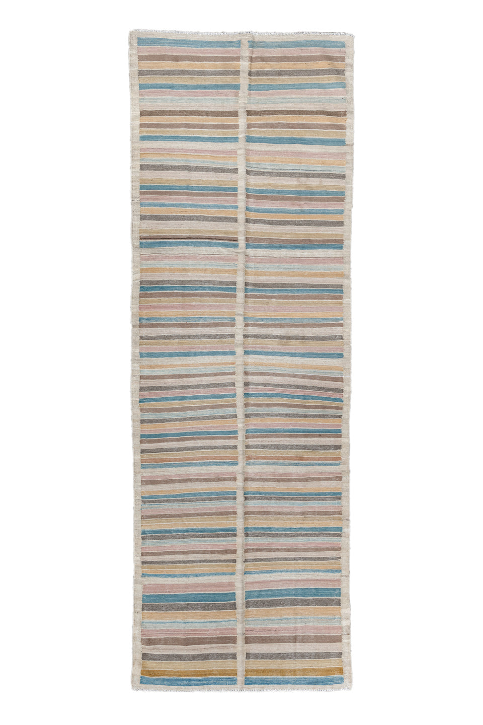 3' x 10' one-of-a-kind handmade vintage Kilim runner rug. Color palette: blue, brown, dark gray, gray, light gray, off-white