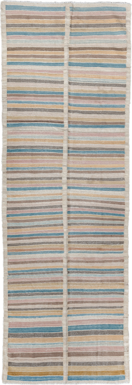 3' x 10' one-of-a-kind handmade vintage Kilim runner rug. Color palette: ivory, taupe, sky_blue, blush, gold, charcoal