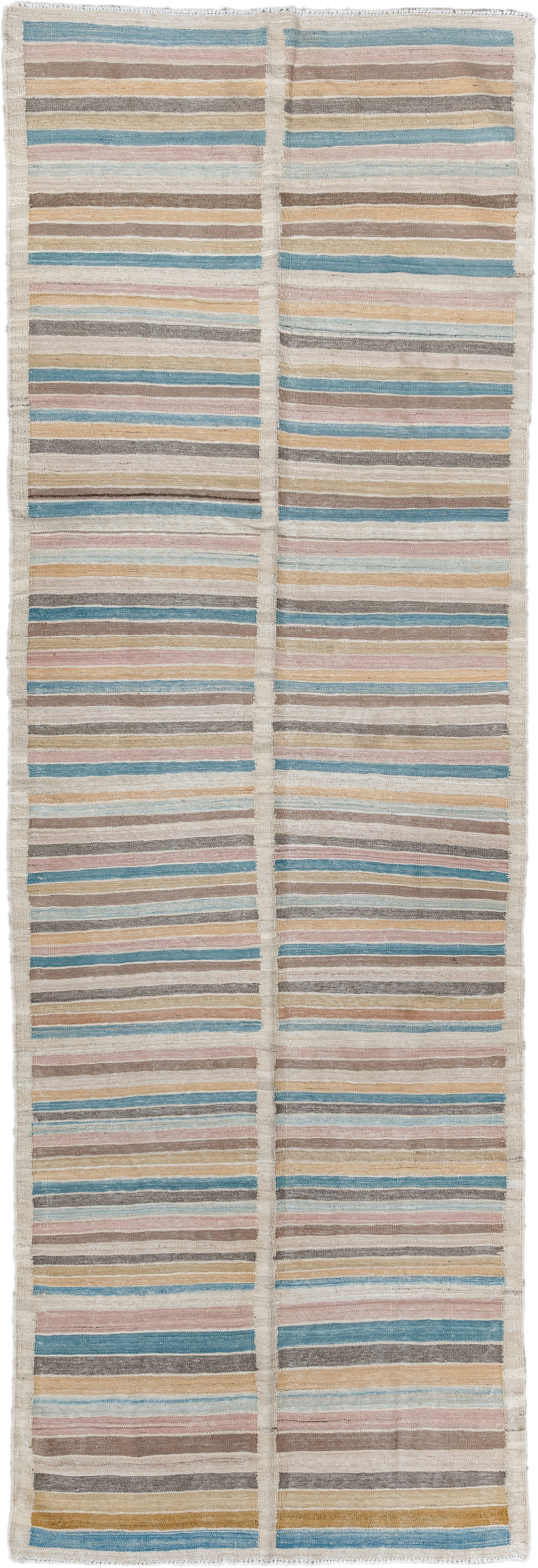 3' x 10' one-of-a-kind handmade vintage Kilim runner rug. Color palette: ivory, taupe, sky_blue, blush, gold, charcoal