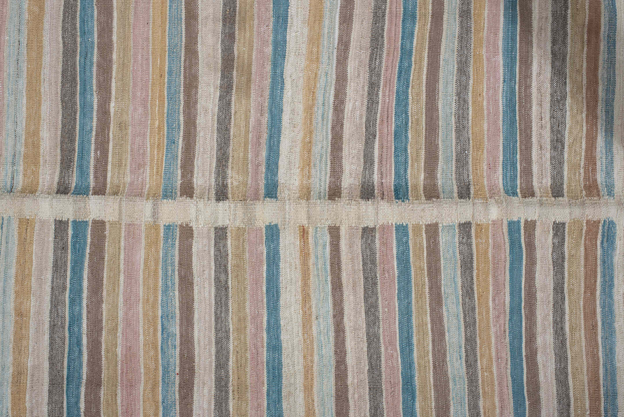 3' x 10' one-of-a-kind handmade vintage Kilim runner rug. Color palette: blue, brown, dark gray, gray, light gray, off-white