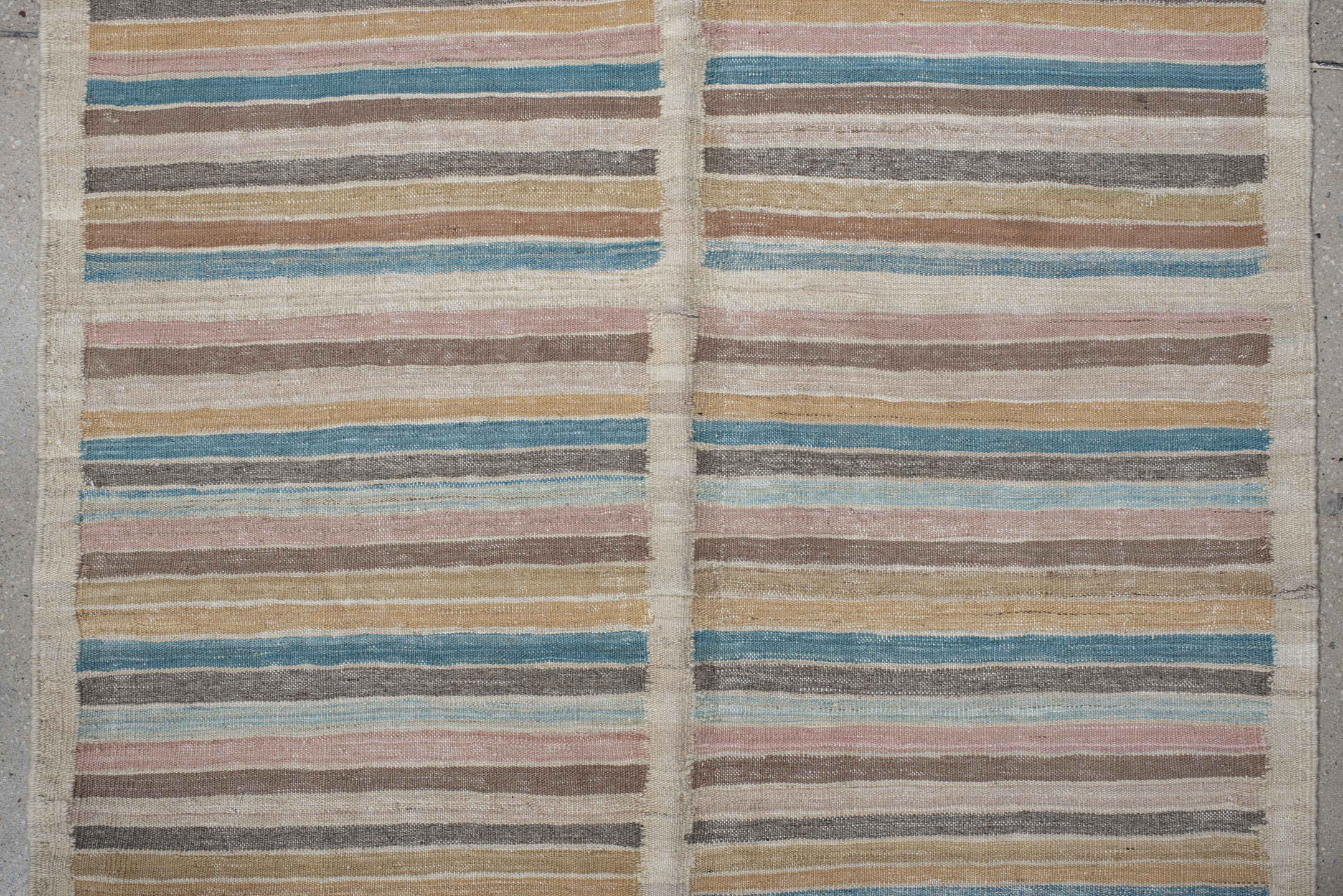 3' x 10' one-of-a-kind handmade vintage Kilim runner rug. Color palette: ivory, taupe, sky_blue, blush, gold, charcoal