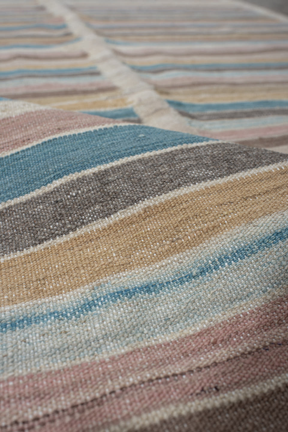 3' x 10' one-of-a-kind handmade vintage Kilim runner rug. Color palette: ivory, taupe, sky_blue, blush, gold, charcoal