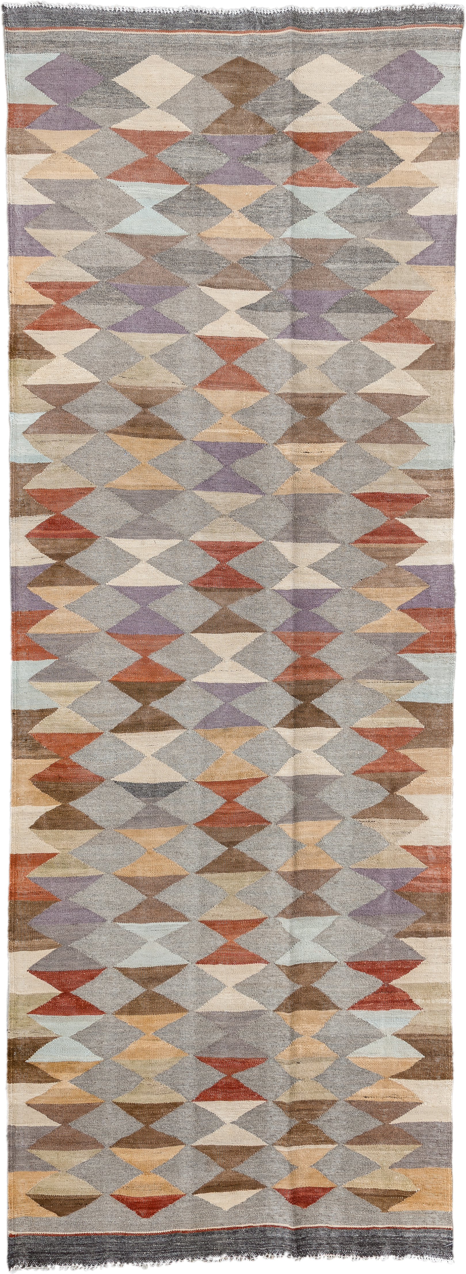 3' x 9' one-of-a-kind handmade vintage Kilim runner rug. Color palette: gray, taupe, ivory, brown, rust, lavender, camel