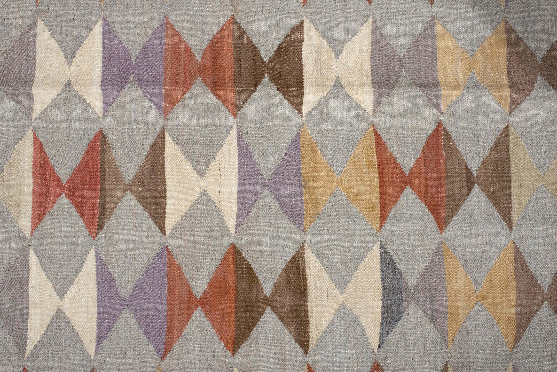 3' x 9' one-of-a-kind handmade vintage Kilim runner rug. Color palette: brown, dim gray, gray, light gray, off-white, orange