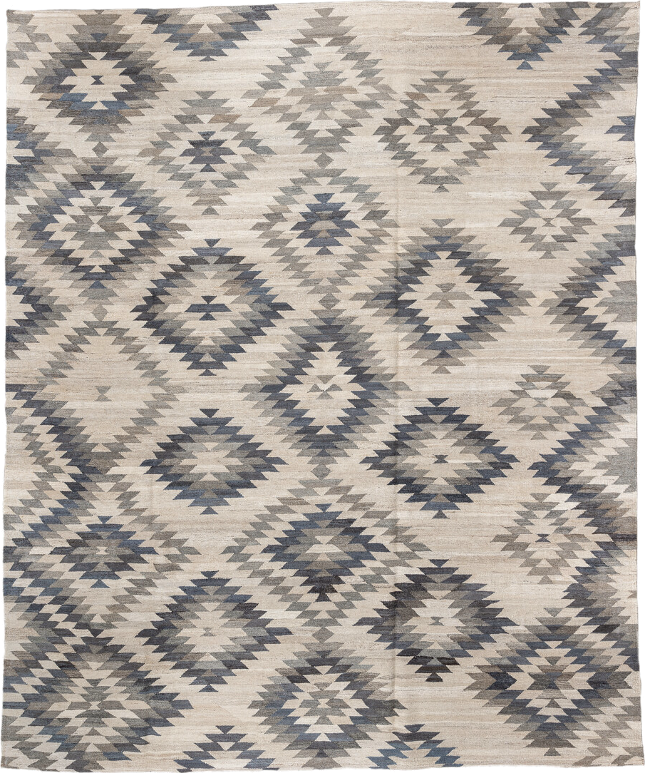 8' x 9' one-of-a-kind handmade vintage Kilim rug. Color palette: ivory, gray, slate, taupe, cream, beige