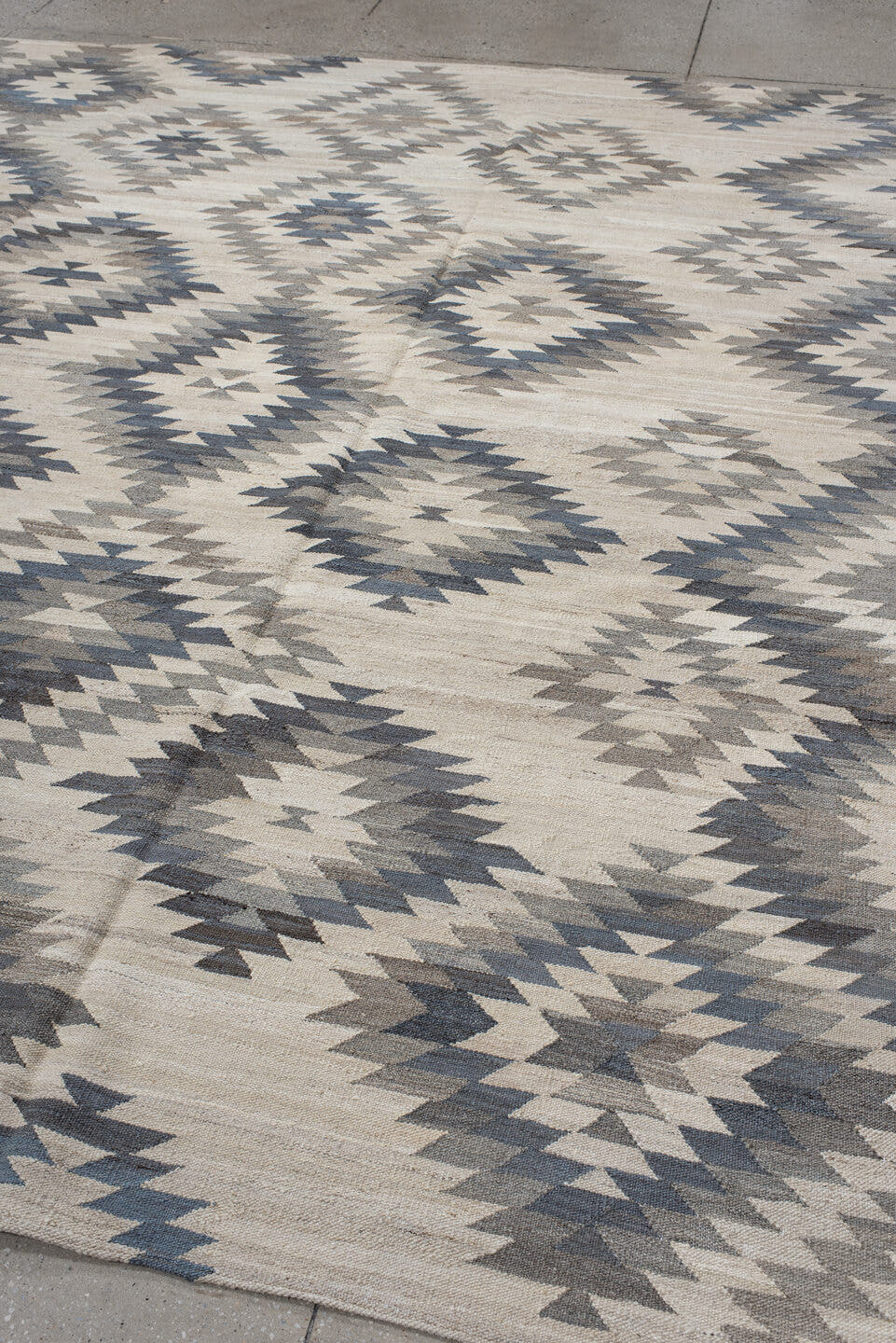 8' x 9' one-of-a-kind handmade vintage Kilim rug. Color palette: ivory, gray, slate, taupe, cream, beige