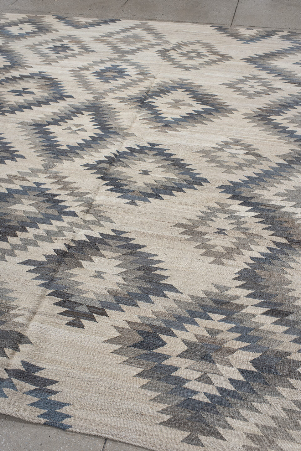 8' x 9' one-of-a-kind handmade vintage Kilim rug. Color palette: ivory, gray, slate, taupe, cream, beige