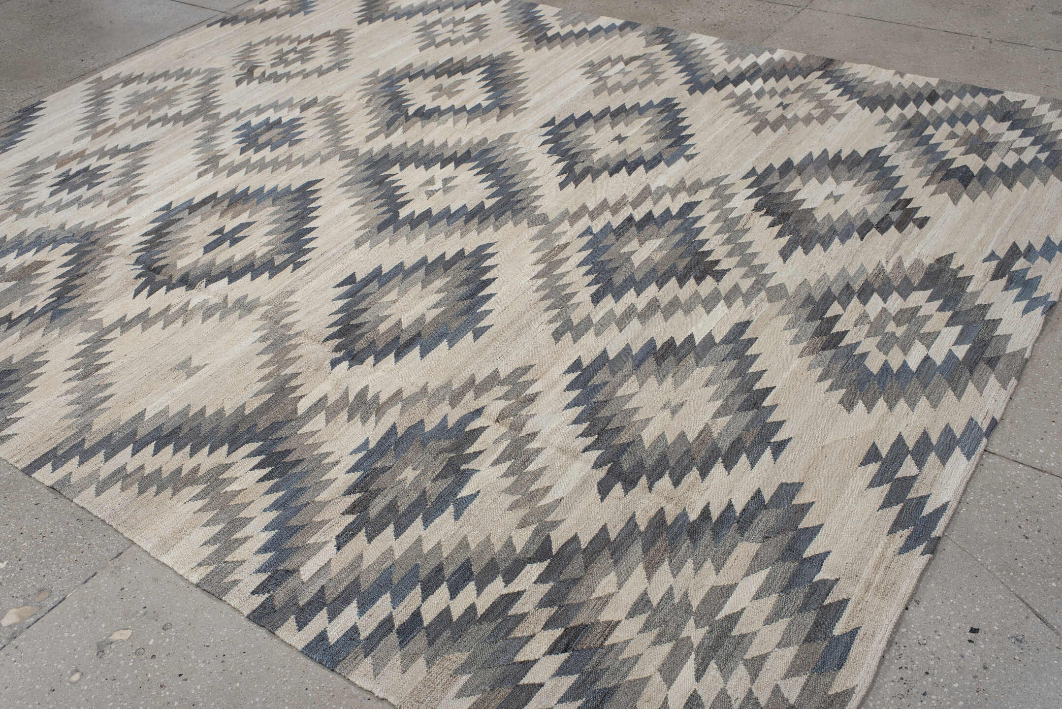 8' x 9' one-of-a-kind handmade vintage Kilim rug. Color palette: dim gray, gray, light gray, linen, off-white, pink