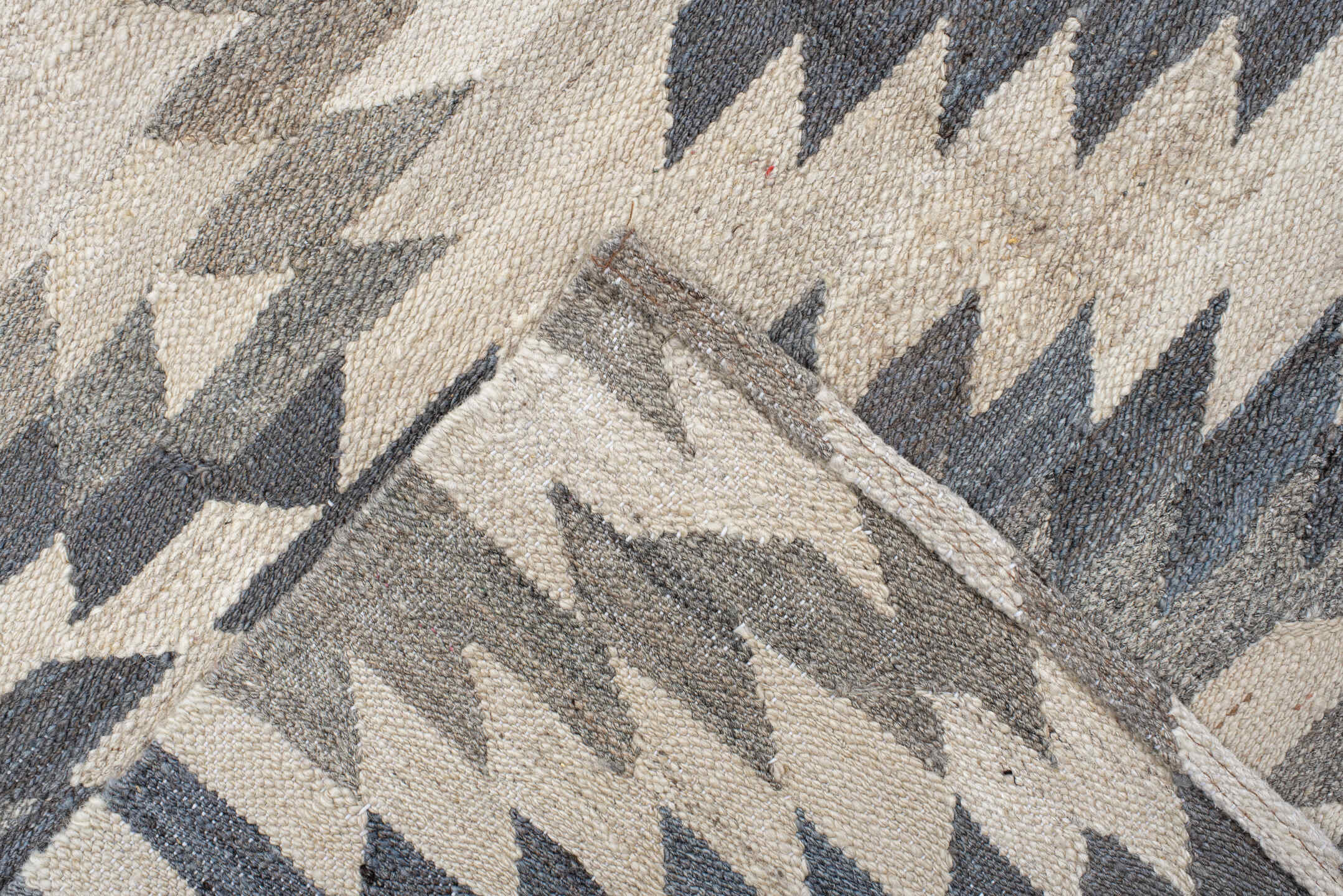 8' x 9' one-of-a-kind handmade vintage Kilim rug. Color palette: ivory, gray, slate, taupe, cream, beige