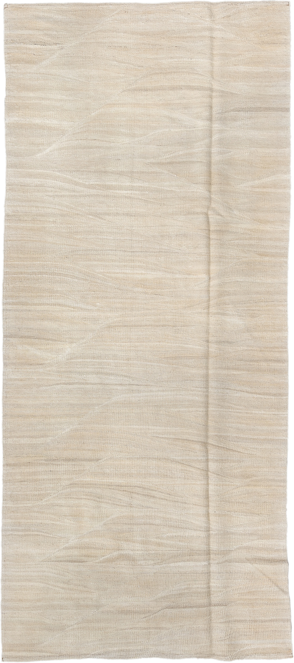 4' x 9' one-of-a-kind handmade vintage Kilim runner rug. Color palette: ivory, cream, beige, taupe, gray