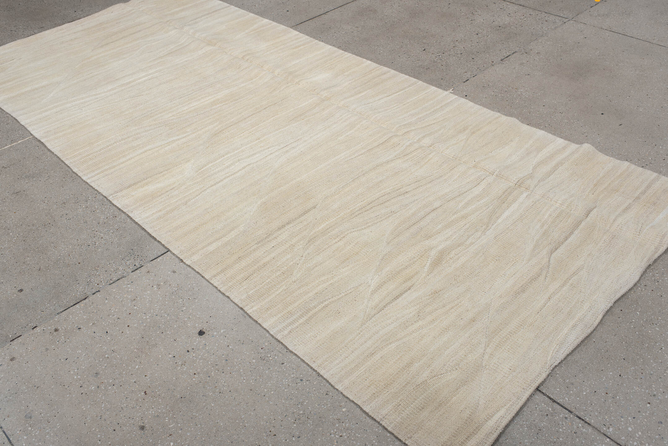 4' x 9' one-of-a-kind handmade vintage Kilim runner rug. Color palette: antiquewhite, brown, gray, light gray, linen