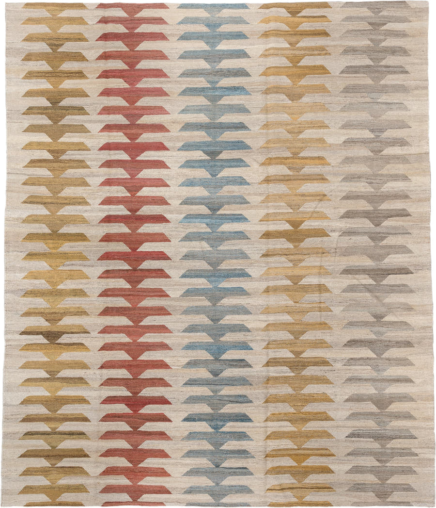 8' x 9' one-of-a-kind handmade vintage Kilim large size rug. Color palette: ivory, taupe, gold, rust, sky_blue, gray, beige