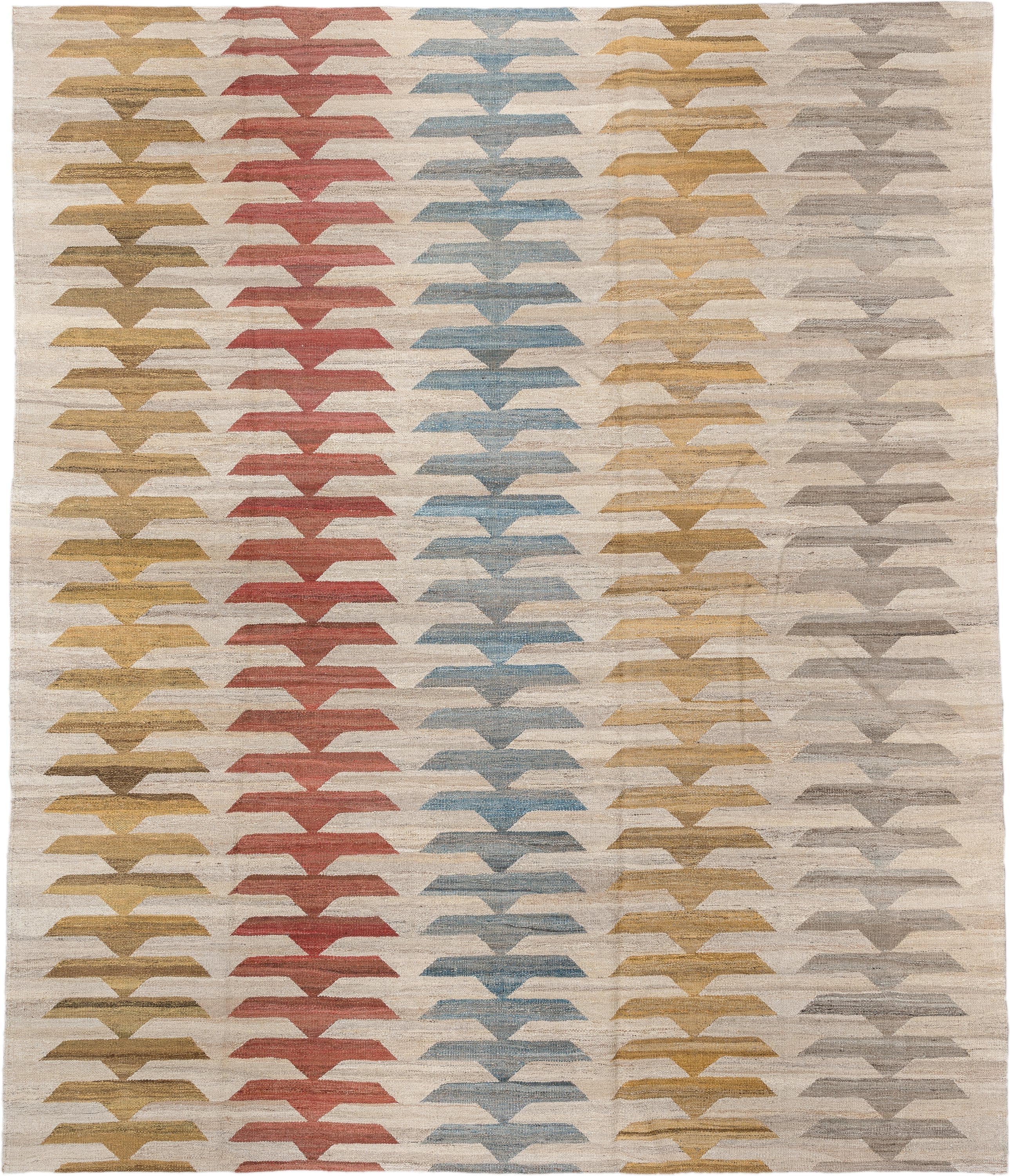 8' x 9' one-of-a-kind handmade vintage Kilim large size rug. Color palette: ivory, taupe, gold, rust, sky_blue, gray, beige