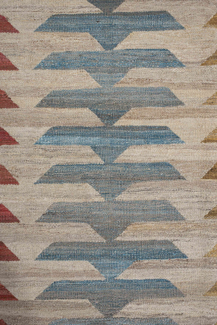 8' x 9' one-of-a-kind handmade vintage Kilim large size rug. Color palette: ivory, taupe, gold, rust, sky_blue, gray, beige