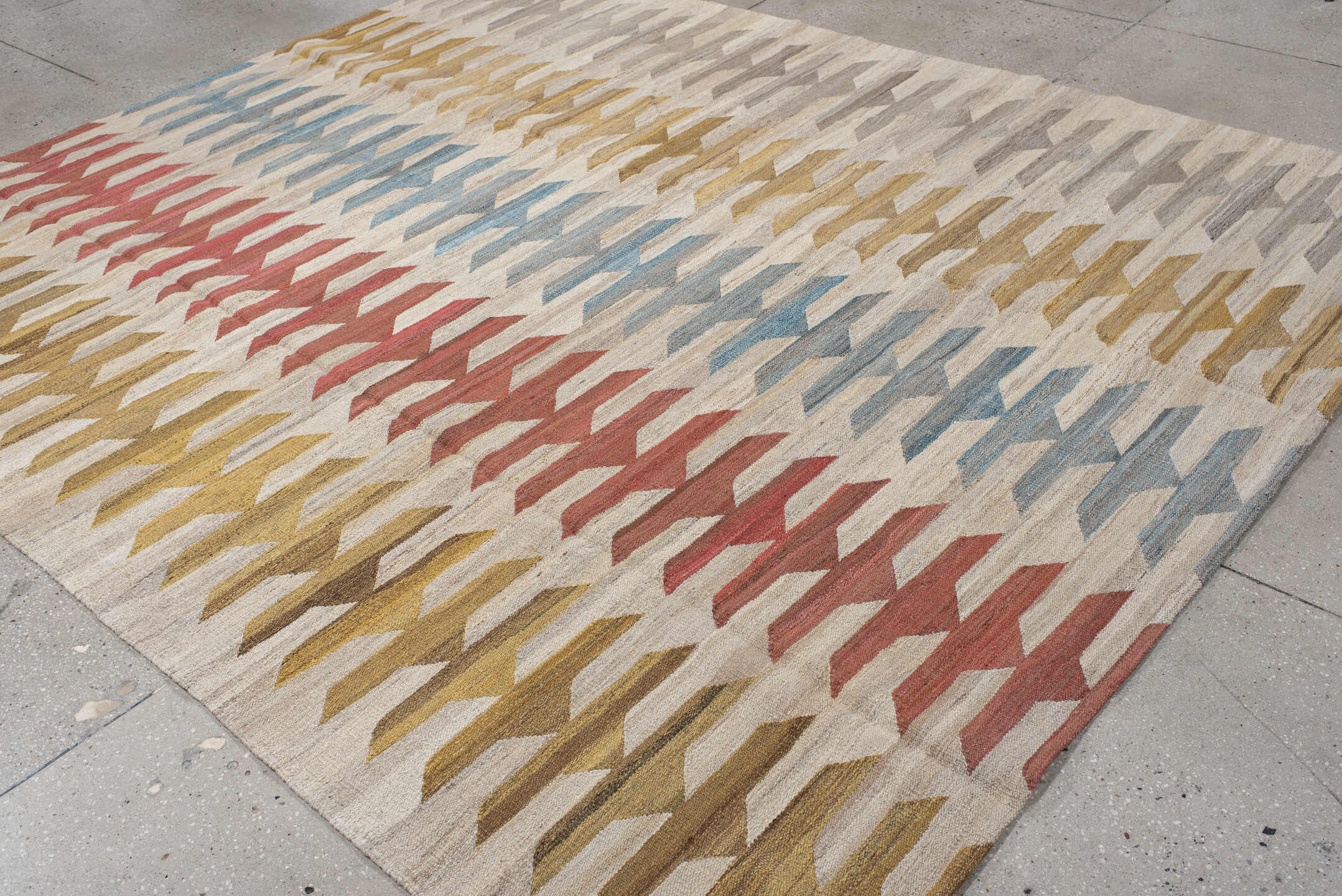 8' x 9' one-of-a-kind handmade vintage Kilim large size rug. Color palette: ivory, taupe, gold, rust, sky_blue, gray, beige