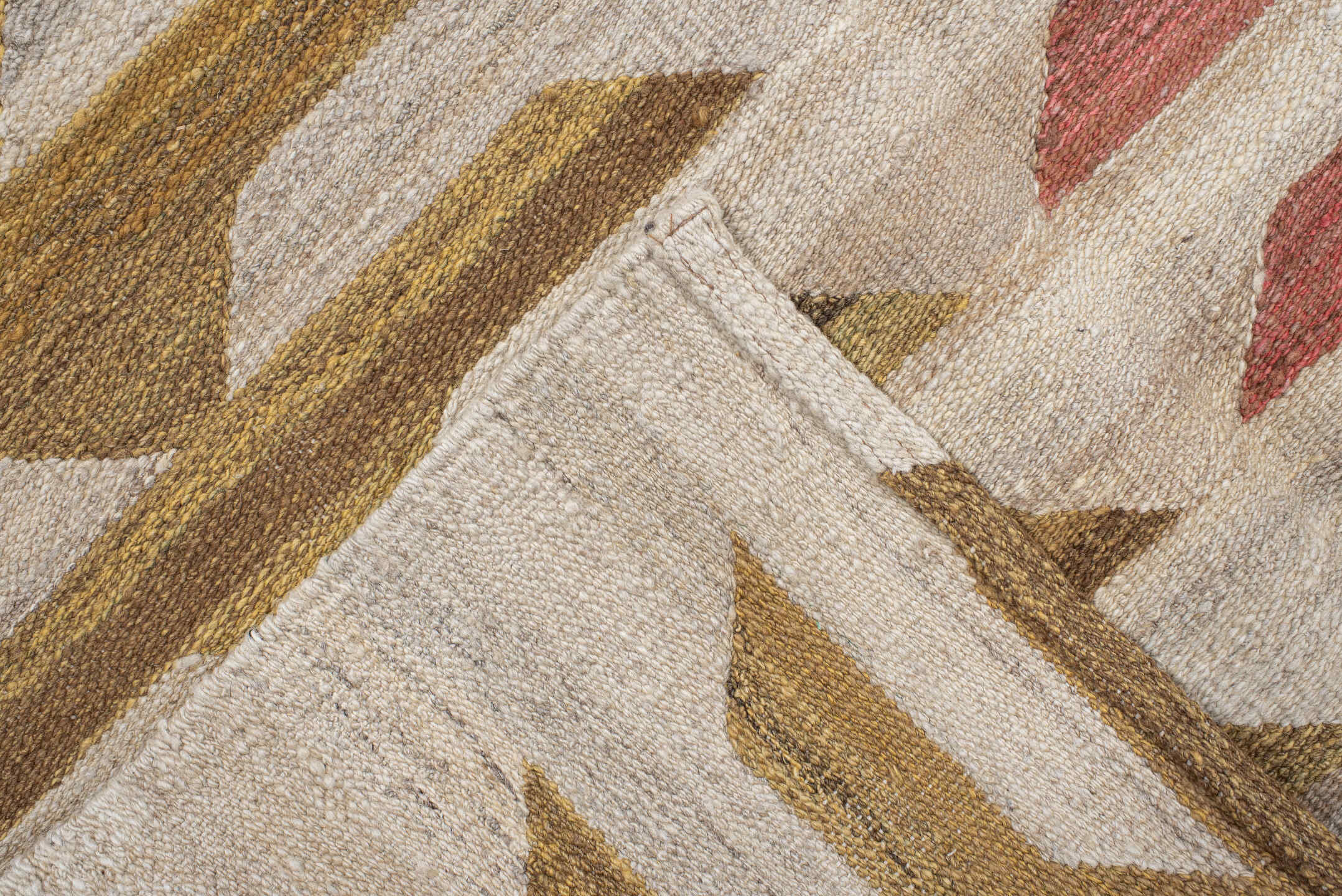 8' x 9' one-of-a-kind handmade vintage Kilim large size rug. Color palette: ivory, taupe, gold, rust, sky_blue, gray, beige