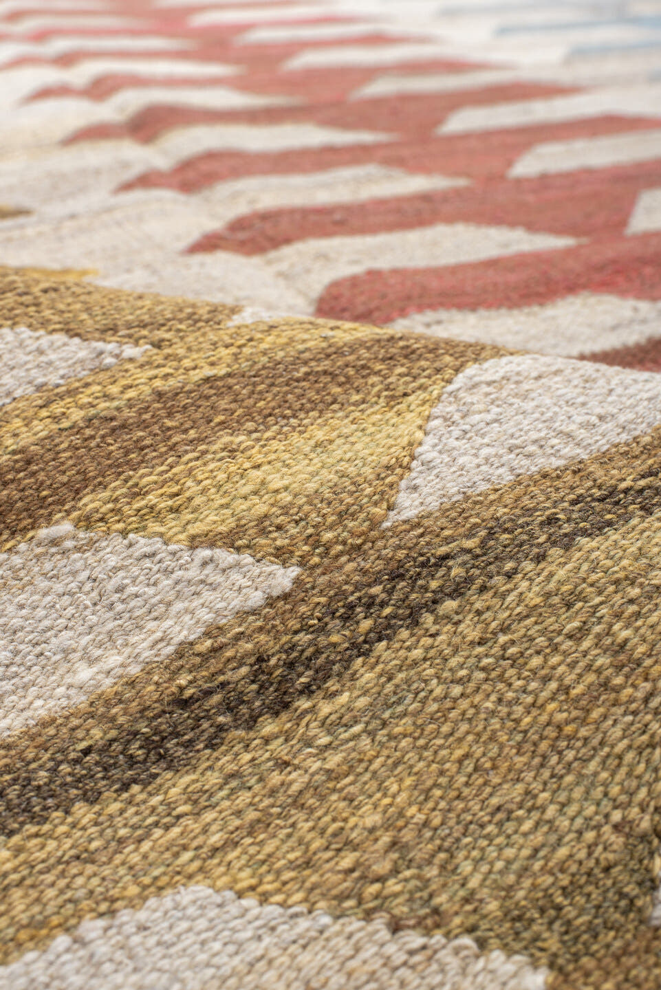 8' x 9' one-of-a-kind handmade vintage Kilim large size rug. Color palette: ivory, taupe, gold, rust, sky_blue, gray, beige