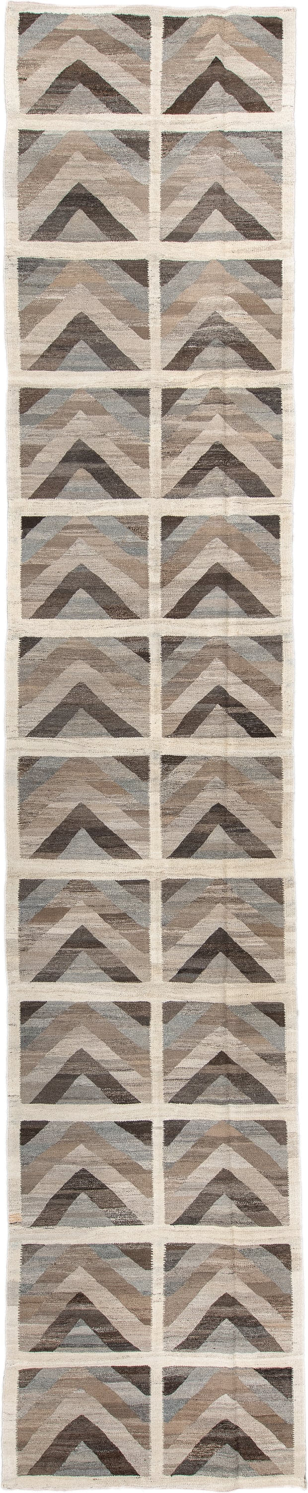 3' x 19' one-of-a-kind handmade vintage Kilim runner rug. Color palette: taupe, ivory, brown, gray, pale_blue, beige