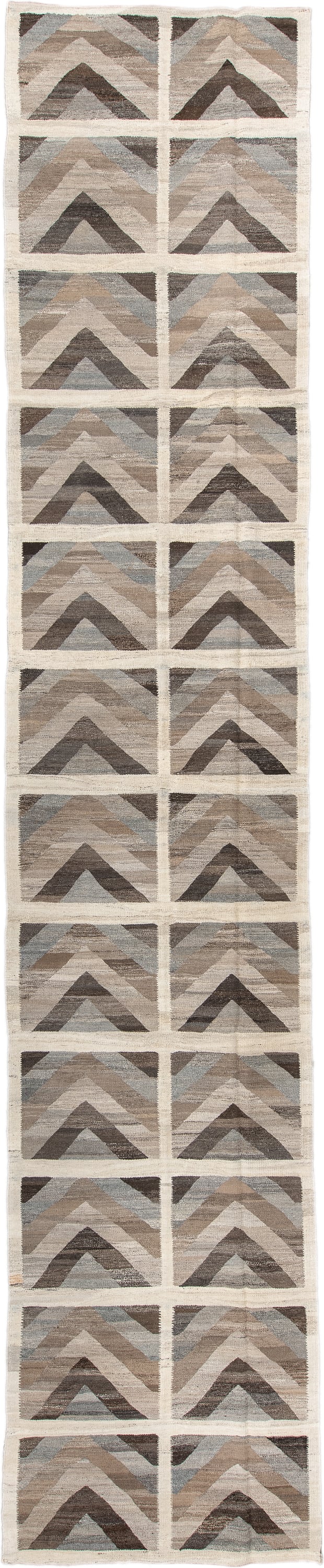 3' x 19' one-of-a-kind handmade vintage Kilim runner rug. Color palette: taupe, ivory, brown, gray, pale_blue, beige