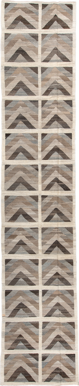 3' x 19' one-of-a-kind handmade vintage Kilim runner rug. Color palette: taupe, ivory, brown, gray, pale_blue, beige
