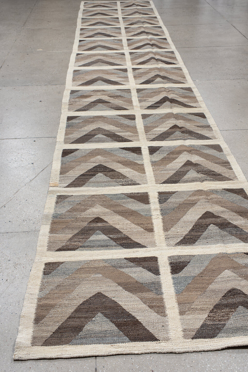 3' x 19' one-of-a-kind handmade vintage Kilim runner rug. Color palette: taupe, ivory, brown, gray, pale_blue, beige