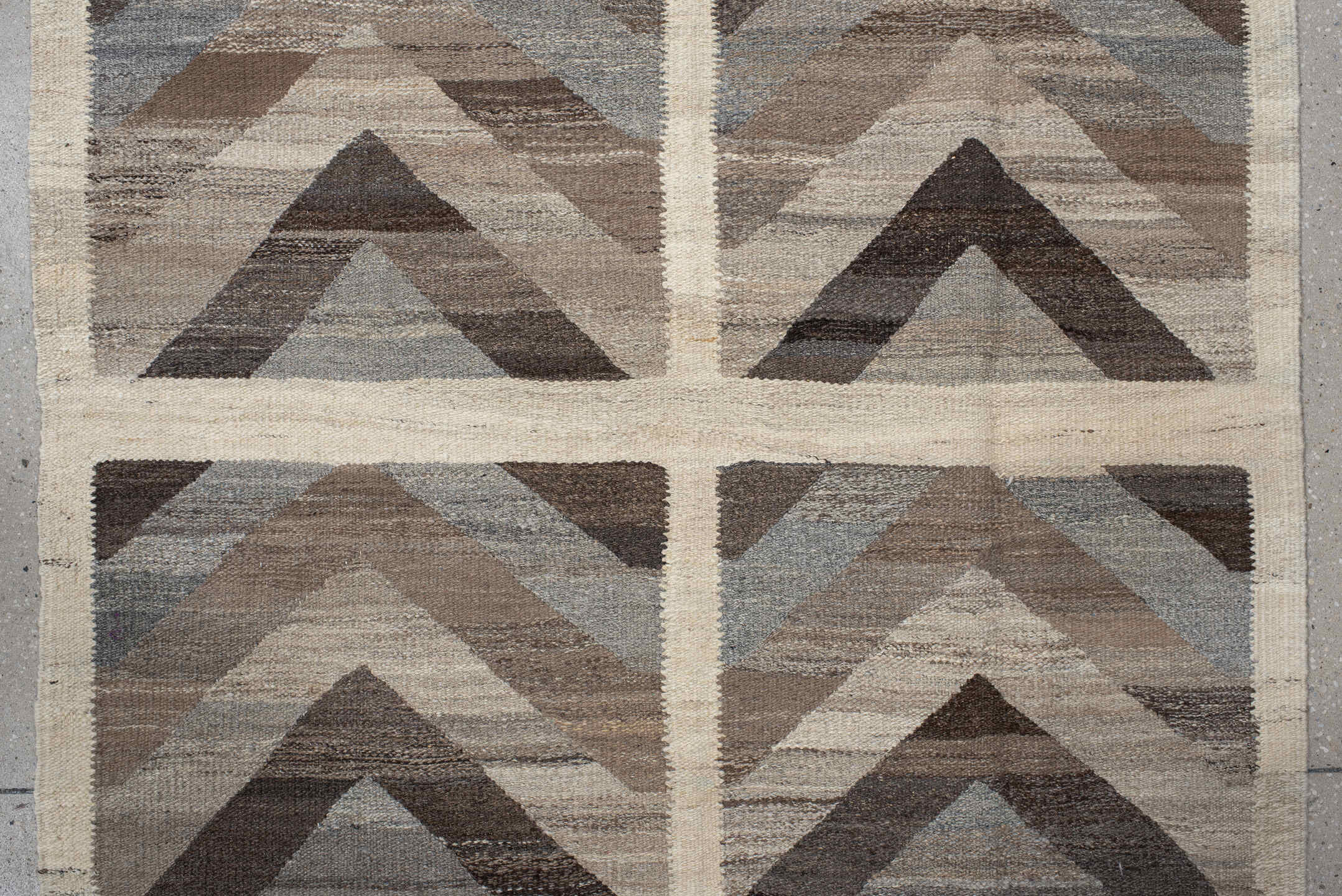 3' x 19' one-of-a-kind handmade vintage Kilim runner rug. Color palette: taupe, ivory, brown, gray, pale_blue, beige