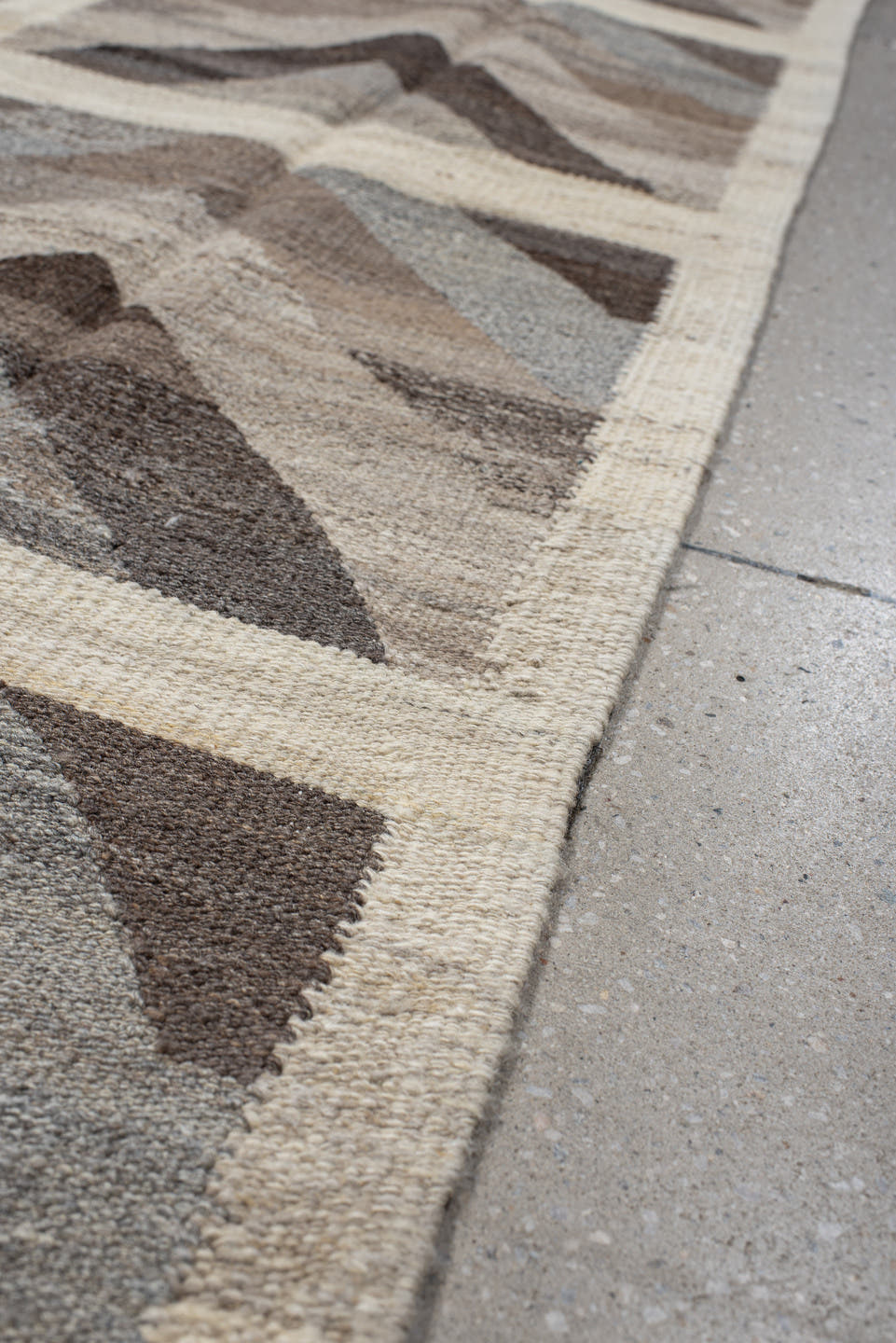 3' x 19' one-of-a-kind handmade vintage Kilim runner rug. Color palette: taupe, ivory, brown, gray, pale_blue, beige