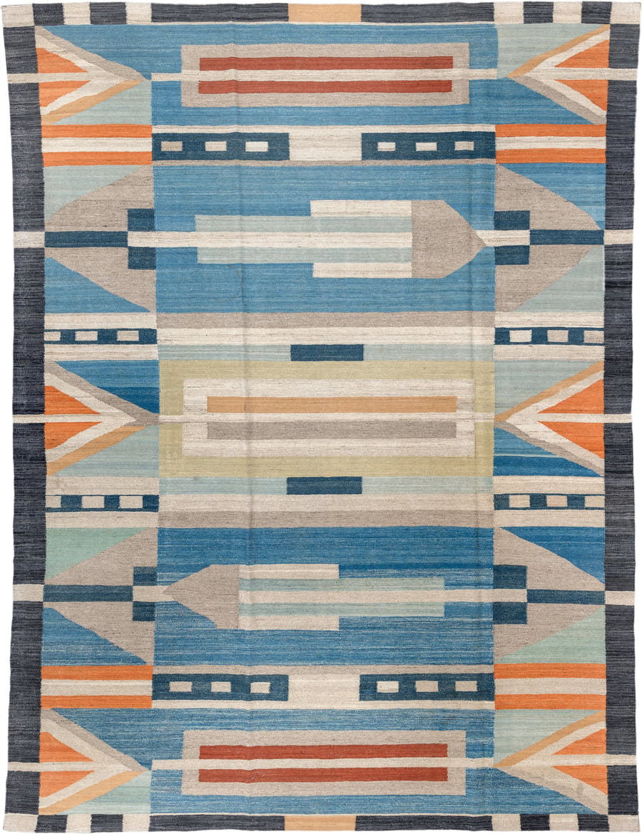 8' x 11' one-of-a-kind handmade vintage Kilim large size rug. Color palette: sky blue, ivory, slate, sand, orange