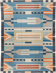 8' x 11' one-of-a-kind handmade vintage Kilim large size rug. Color palette: sky blue, ivory, slate, sand, orange