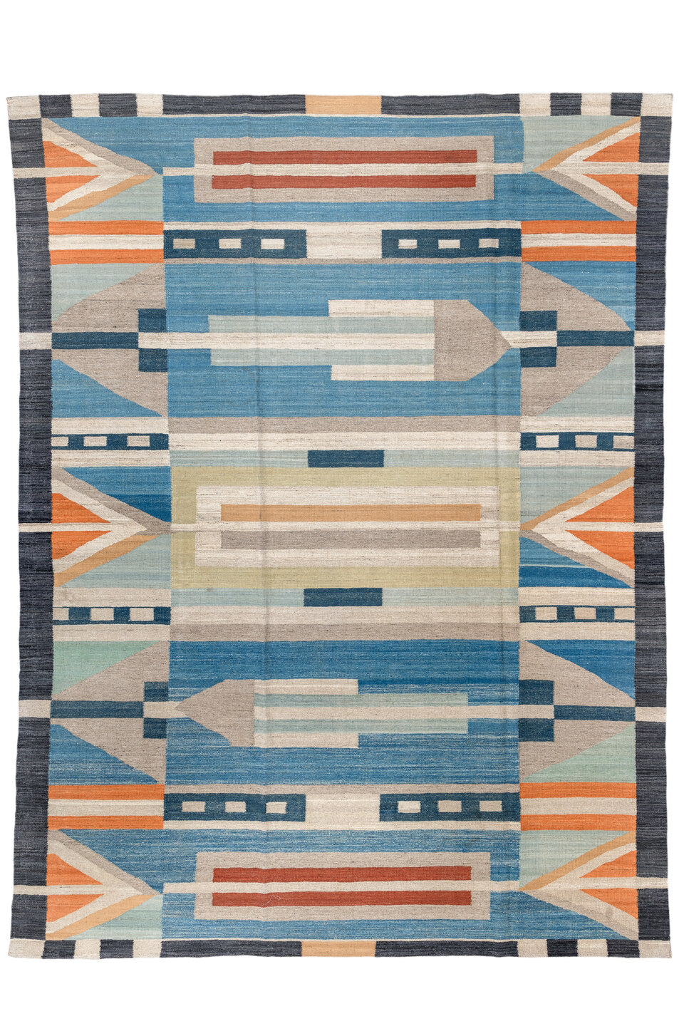 8' x 11' one-of-a-kind handmade vintage Kilim large size rug. Color palette: arapawa, blue, brown, dim gray, gray