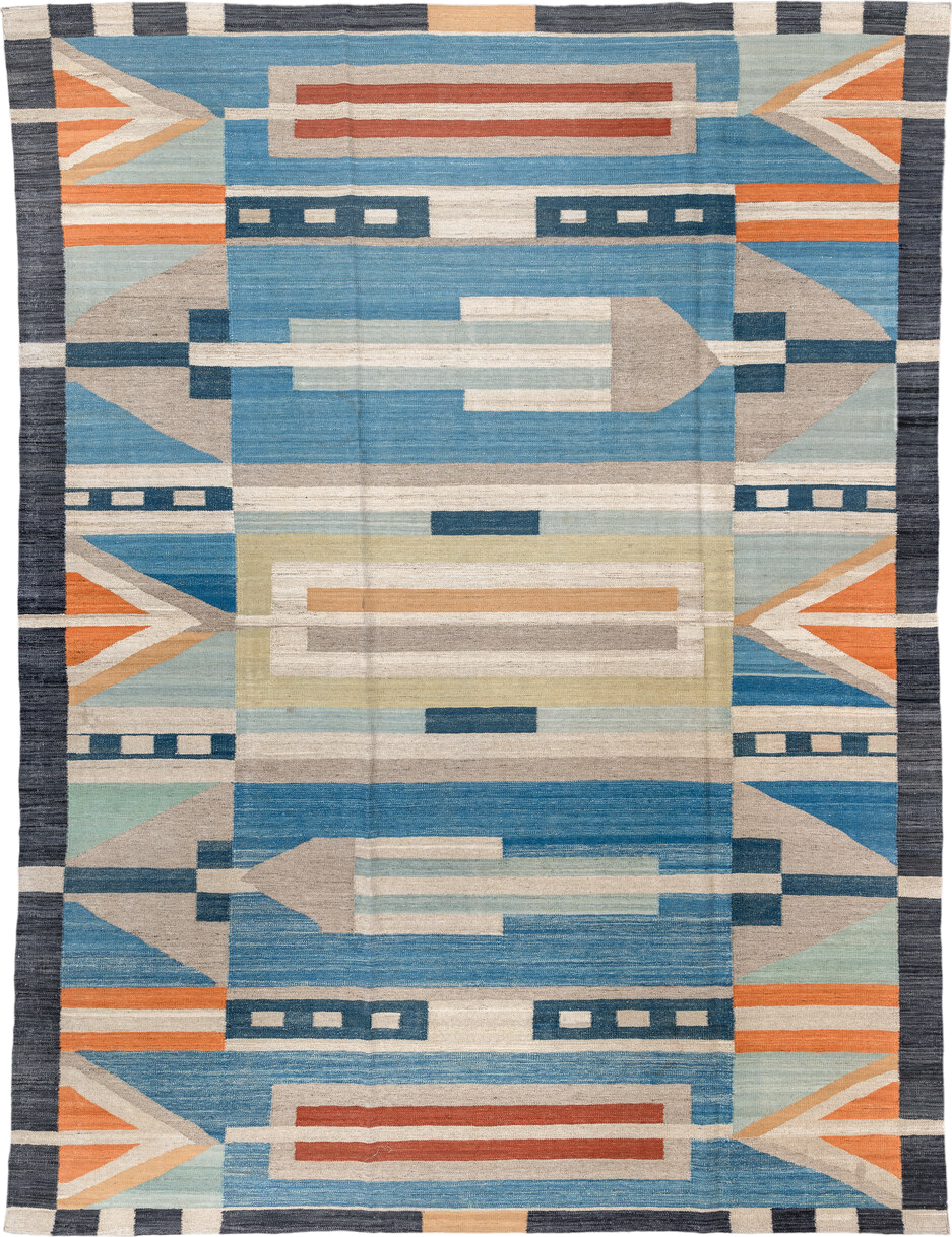 8' x 11' one-of-a-kind handmade vintage Kilim large size rug. Color palette: sky blue, ivory, slate, sand, orange