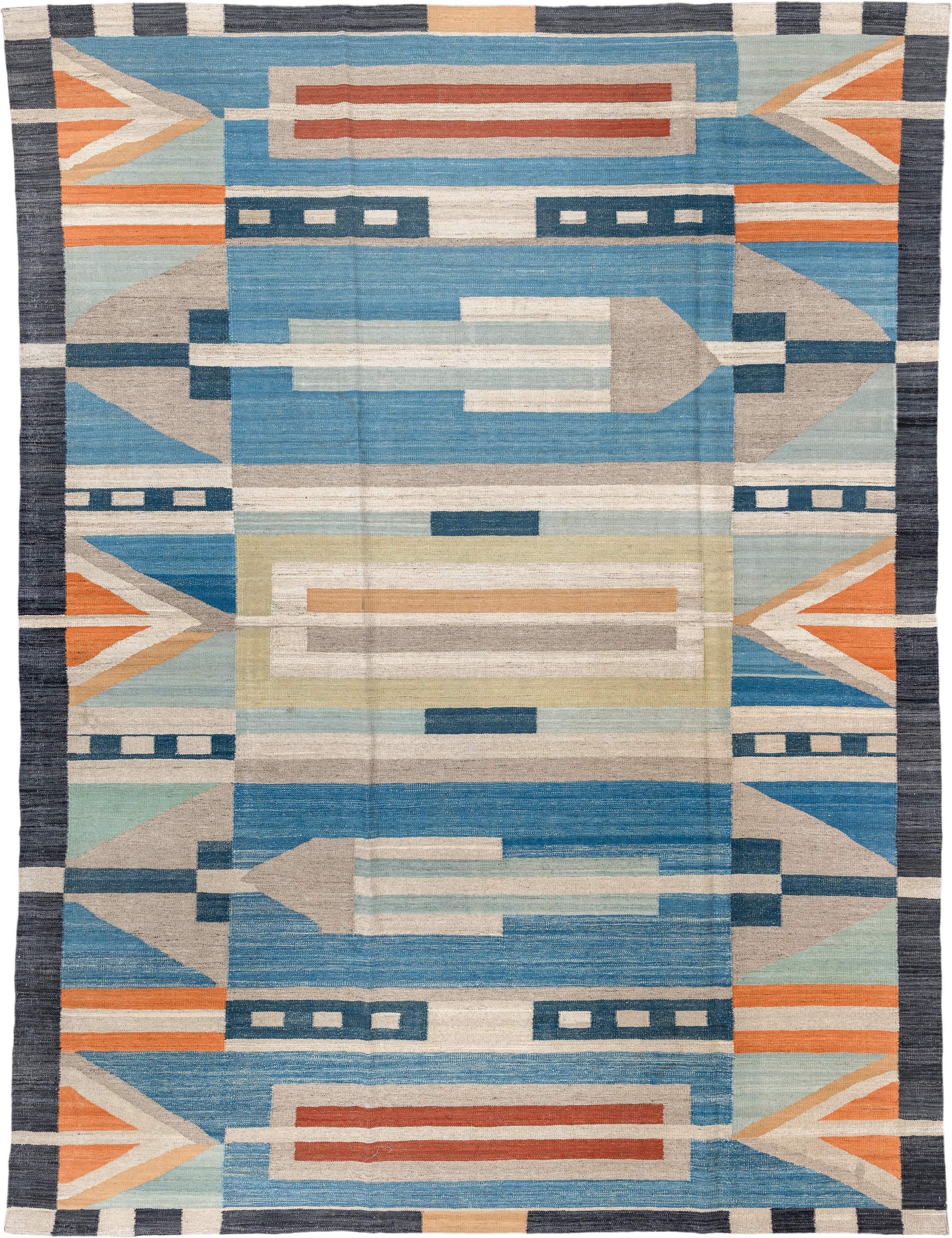 8' x 11' one-of-a-kind handmade vintage Kilim large size rug. Color palette: sky blue, ivory, slate, sand, orange
