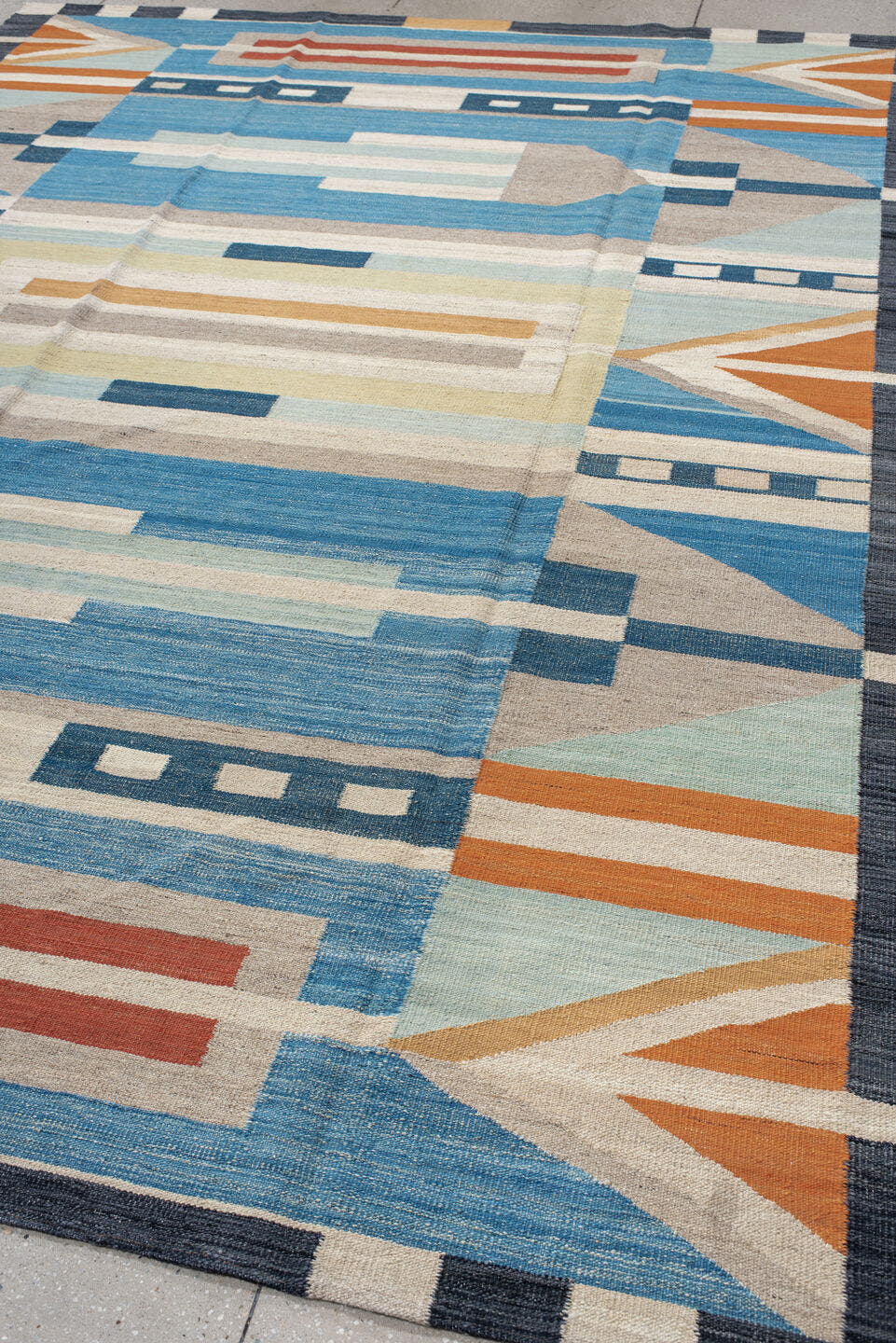 8' x 11' one-of-a-kind handmade vintage Kilim large size rug. Color palette: sky blue, ivory, slate, sand, orange