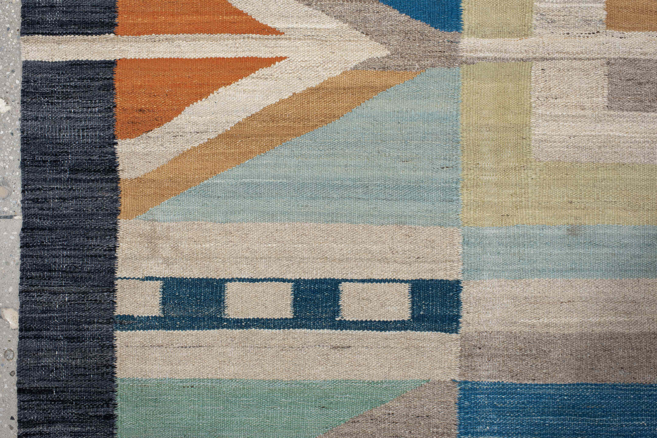 8' x 11' one-of-a-kind handmade vintage Kilim large size rug. Color palette: sky blue, ivory, slate, sand, orange