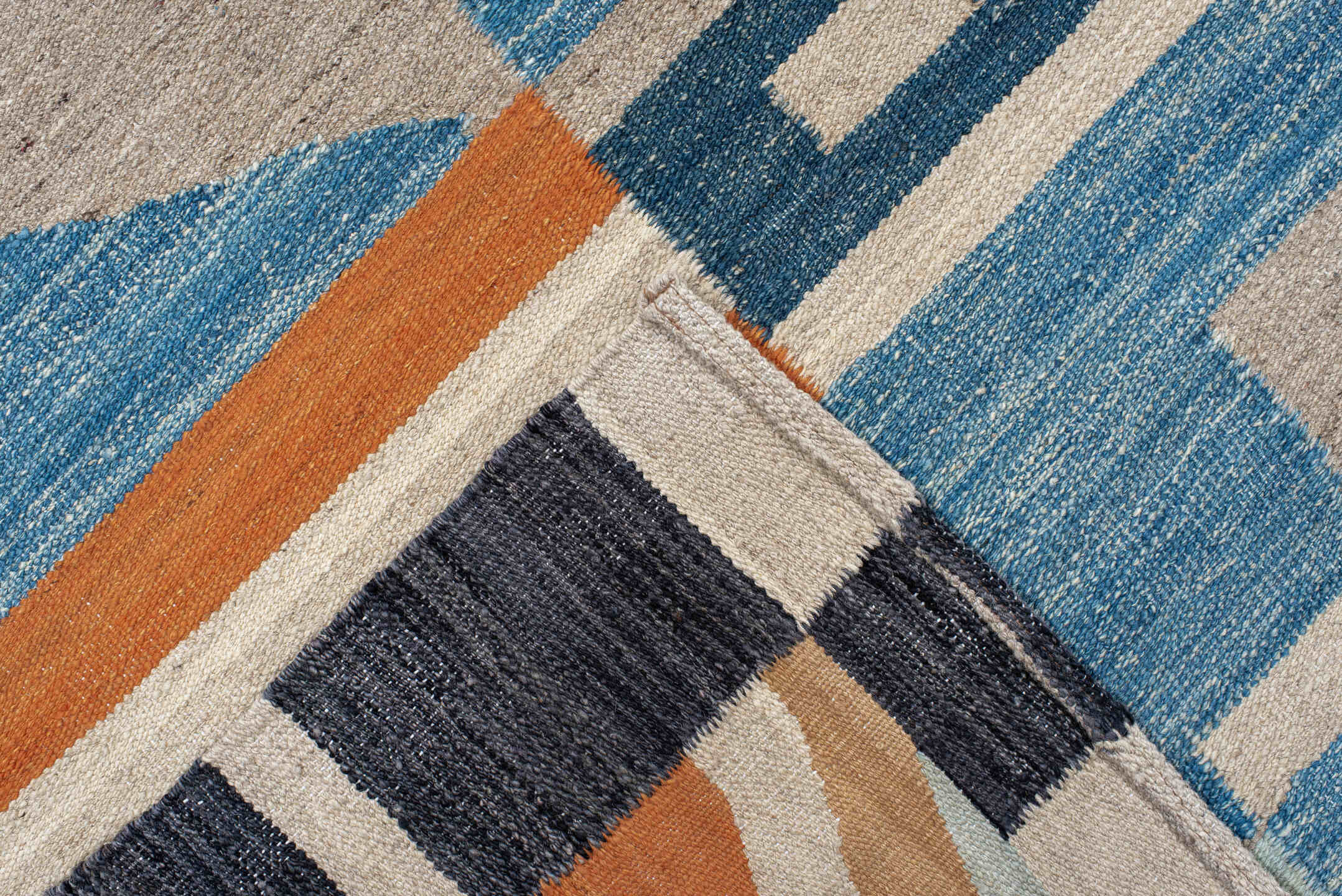 8' x 11' one-of-a-kind handmade vintage Kilim large size rug. Color palette: sky blue, ivory, slate, sand, orange