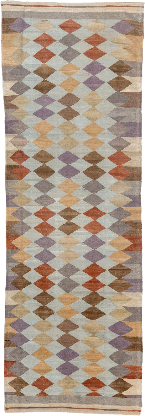3' x 9' one-of-a-kind handmade vintage Kilim runner rug. Color palette: ivory, taupe, camel, lavender, rust, brown, sand