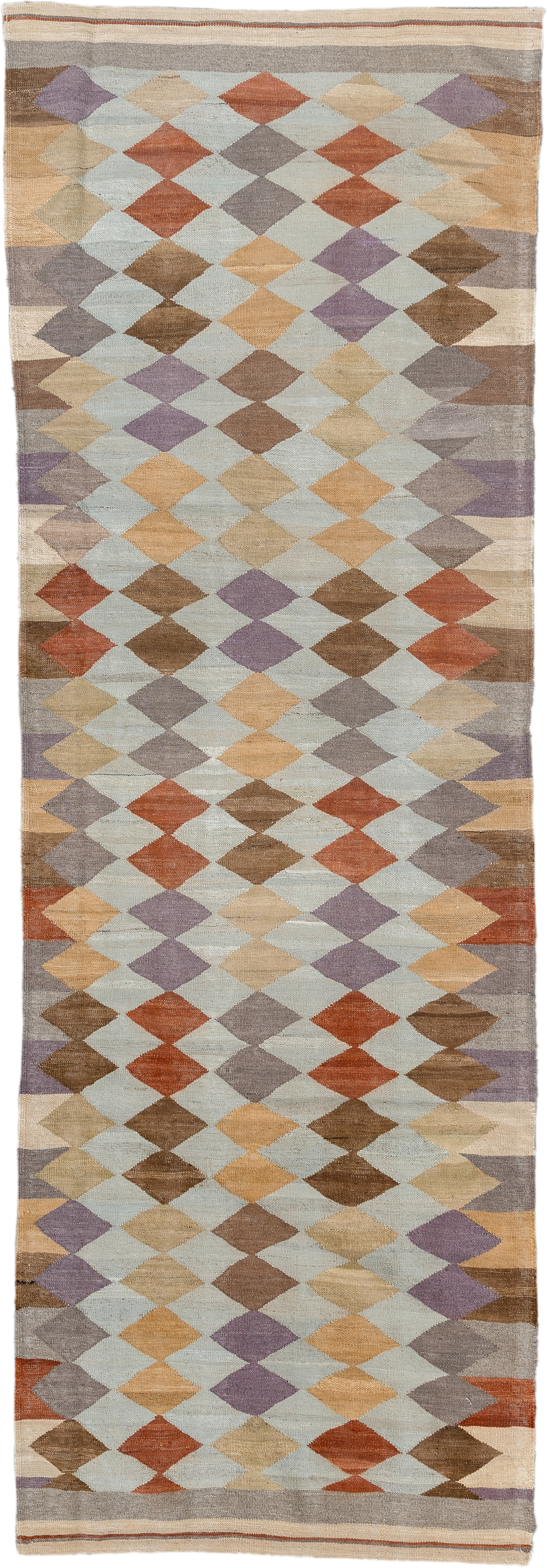 3' x 9' one-of-a-kind handmade vintage Kilim runner rug. Color palette: ivory, taupe, camel, lavender, rust, brown, sand