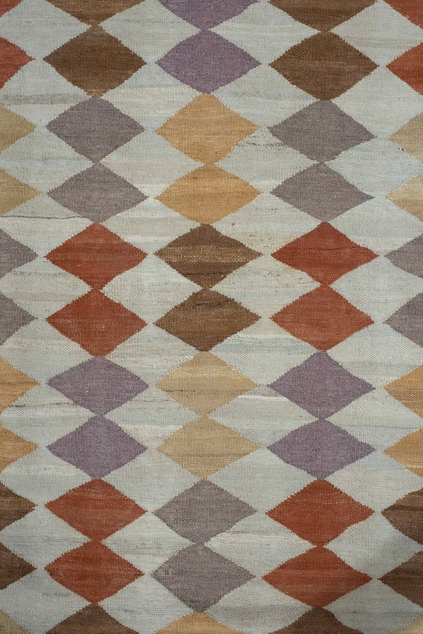 3' x 9' one-of-a-kind handmade vintage Kilim runner rug. Color palette: ivory, taupe, camel, lavender, rust, brown, sand