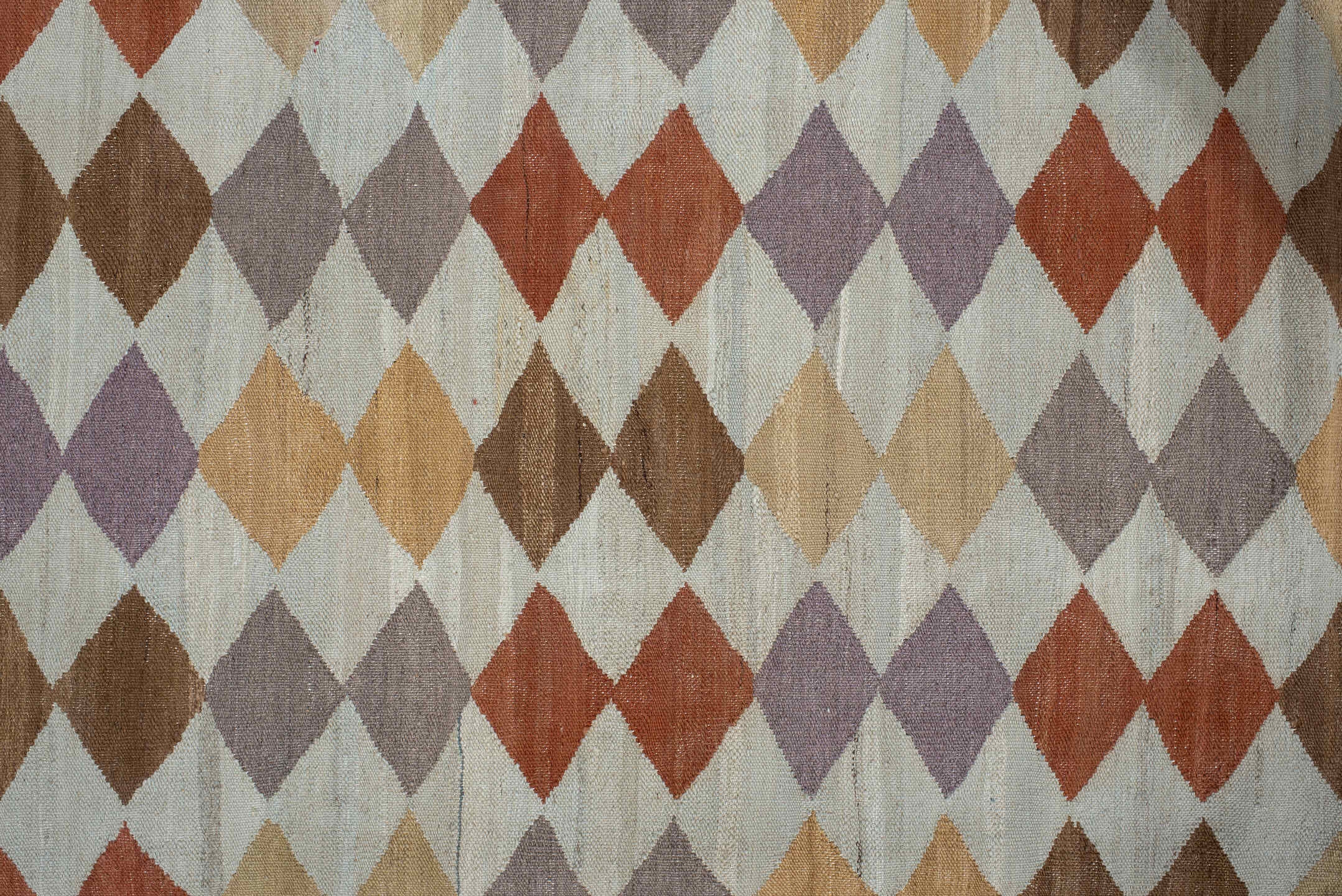 3' x 9' one-of-a-kind handmade vintage Kilim runner rug. Color palette: brown, gray, light gray, off-white, orange, pink