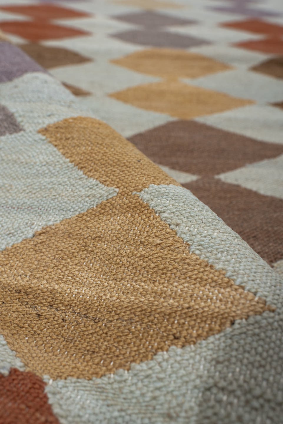 3' x 9' one-of-a-kind handmade vintage Kilim runner rug. Color palette: ivory, taupe, camel, lavender, rust, brown, sand
