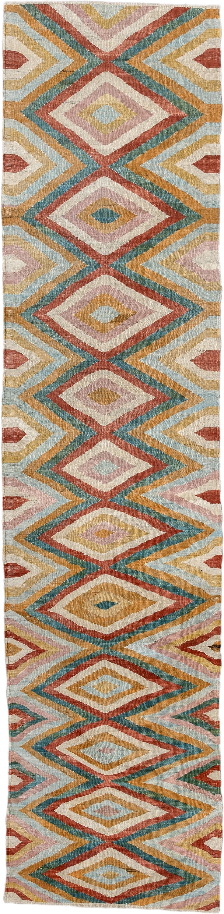2' x 9' one-of-a-kind handmade vintage Kilim runner rug. Color palette: ivory, gold, rust, blush, teal, camel, pale blue